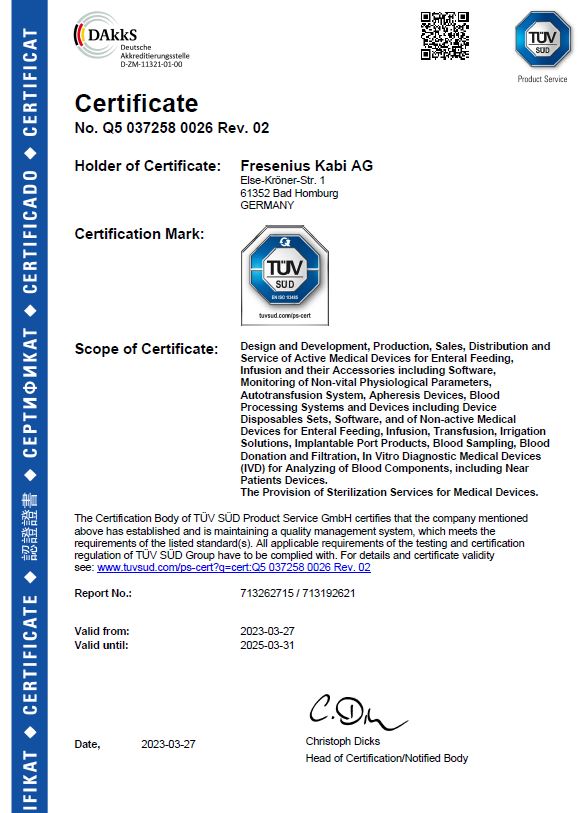 ISO 13485 Certificate | KEY2 Fresenius Kabi